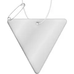 Triangle réfléchissant personnalisé pointe en bas en PVC blanc argenté, angles arrondis, cordon et épingle