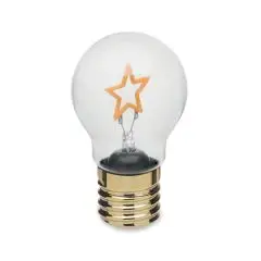 Ampoule LED décorative LUMIGLOW en verre transparent avec filament étoile orange et culot doré, vue de face