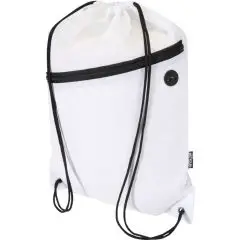 Sac à cordon personnalisé blanc en RPET avec cordons noirs, poche avant zippée et sortie ronde pour écouteurs