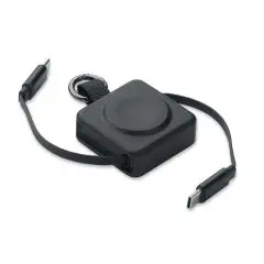 Câble rétractable personnalisé SKILFUL noir avec embouts USB-C, chargeur de montre intégré et anneau porte-clés