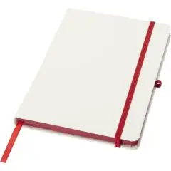 Carnet A5 publicitaire SPECTRUM à couverture blanche avec élastique, ruban marque-page et tranche rouges, vue de biais