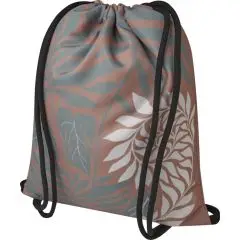 Sac ficelle recyclé personnalisé Clif sublimé d'un motif de feuillages sur fond taupe avec cordons noirs