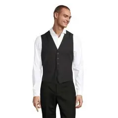 Gilet de costume personnalisé homme noir à 5 boutons et encolure en V, porté sur une chemise blanche, vue de face