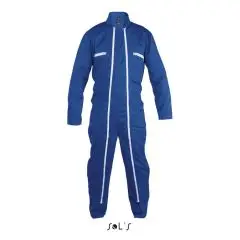 Combinaison de travail JUPITER PRO bleu vif à double zip blanc, col officier et poches poitrine, vue de face