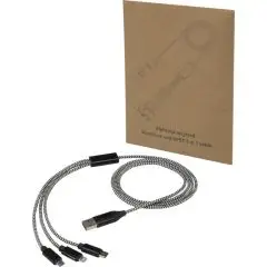 Câble de recharge 5-en-1 Alphecca tressé noir et blanc avec embouts micro-USB et USB-C devant sa pochette kraft