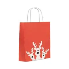 Sac cadeau personnalisé rouge petit format avec motif renne blanc et anses blanches BAO SMALL