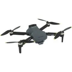 Drone publicitaire Prixton Delta gris anthracite à quatre hélices noires aux pointes jaunes, vue de trois quarts