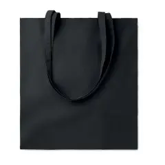 Tote bag coton bio personnalisé noir à longues anses assorties, présenté à plat et vu de face