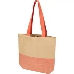 Sac fourre-tout personnalisé en papier paille beige naturel avec bande basse et anses en coton couleur brique
