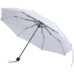 Parapluie pliable personnalisé blanc ouvert avec baleines noires en fibre de verre et poignée caoutchoutée