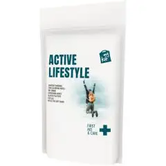 Pochette papier blanche du kit premiers soins personnalisé MyKit imprimée Active Lifestyle avec un sportif qui saute