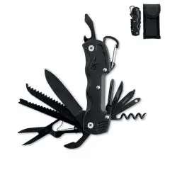 Couteau multifonction publicitaire MYTOOL noir déplié avec scie, lames, tire-bouchon et pochette en polyester