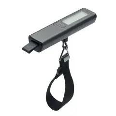Pèse-bagage numérique VOYAGE gris titane en ABS avec écran LCD, sangle noire et crochet métallique de suspension