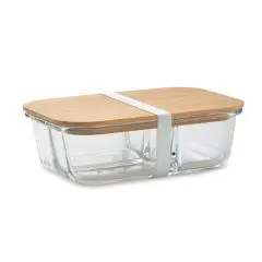 Lunch box en verre personnalisée transparente à 3 compartiments avec couvercle en bambou et bande silicone