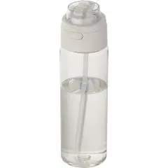 Gourde Theron 700 ml en RPET translucide avec paille intérieure, bouchon blanc à bouton-poussoir et poignée repliée