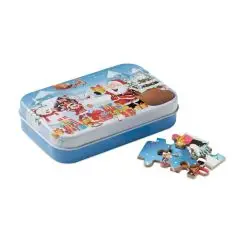 Puzzle de Noël personnalisable PAZURU 60 pièces dans boîte en fer blanc bleue illustrée du père Noël et pièces posées