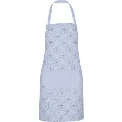 Tablier de cuisine personnalisé à bavette sublimé d'un motif géométrique gris sur fond bleu pâle avec poches