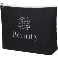 Trousse de maquillage personnalisée Arlo en RPET noir sublimée d'un logo floral blanc Beauty, zip blanc