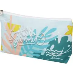 Petite trousse personnalisée Ari en RPET sublimée de feuilles tropicales et lettrage Hello Summer, zip blanc