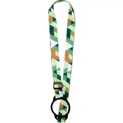 Lanyard porte-gobelet publicitaire LIOR à motif géométrique vert et orange, passant et anneau silicone noirs