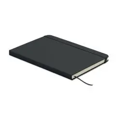 Carnet A5 personnalisé noir à couverture rigide en PU recyclé posé à plat avec son ruban marque-page