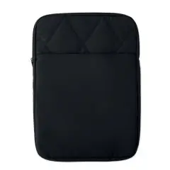 Housse ordinateur publicitaire KLYRO noire en nylon à coutures en losange avec poche frontale zippée, vue de face