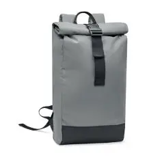 Sac à dos réfléchissant personnalisé argent mat à fermeture rolltop, sangle à boucle noire et fond en RPET 600D