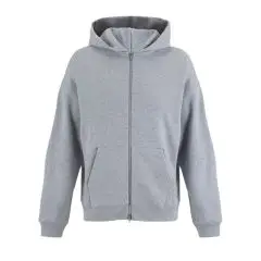 Sweat zippé personnalisé gris chiné à capuche, poche kangourou et épaules tombantes, vue de face