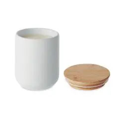 Bougie parfumée personnalisée 200 g en cire végétale dans un pot en grès blanc mat, couvercle en bambou à côté