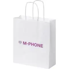 Petit sac kraft personnalisé blanc à poignées torsadées, imprimé d'un logo violet en façade