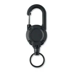 Porte-badge enrouleur personnalisé STIBA noir en ABS avec mousqueton, boîtier rond texturé et anneau porte-clés