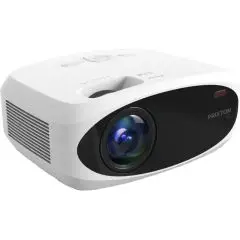 Vidéoprojecteur personnalisé Prixton P50 Picasso blanc à façade noire brillante et objectif bleuté vu de trois quarts