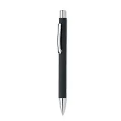 Stylo bille à poussoir en papier recyclé noir avec clip métal chromé, vue de profil sur fond blanc