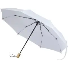 Parapluie pliable personnalisé blanc ouvert à toile RPET avec baleines noires et poignée en bambou naturel
