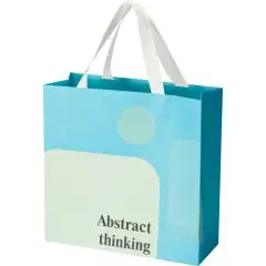 Sac papier carré personnalisé mat turquoise à anses ruban blanches avec motif graphique et texte imprimé