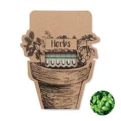 Kit de graines personnalisé LEYTI sur carte kraft en forme de pot illustré avec bâtonnets d'herbes aromatiques