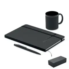 Coffret cadeau personnalisé noir avec carnet A5 à élastique, stylo bille, mug en céramique et boîte de présentation