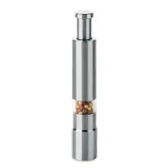 Moulin à poivre personnalisé PRESSY en inox argent mat avec fenêtre acrylique laissant voir les baies colorées