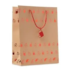 Sac cadeau kraft personnalisable SPARKLE à motifs de Noël rouges, poignées en cordelette rouge et étiquette chaussette