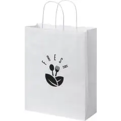 Sac kraft personnalisé 25 x 11 x 32 cm en version blanche à poignées torsadées, logo noir en façade