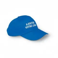 Casquette baseball publicitaire bleue avec logo personnalisé, panneau frontal sans couture, marquage haute définition