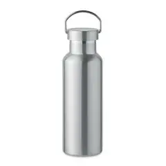 Bouteille isotherme personnalisée 500 ml en inox recyclé argent mat, bouchon vissé et anse métallique de transport