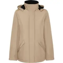 Parka femme personnalisée AMERICA sable foncé vue de face, coupe ajustée, capuche amovible et poches à rabat