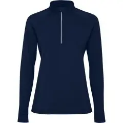 Sweat demi-zip femme bleu marine vu de face, coupe ajustée et fermeture zippée à liseré réfléchissant