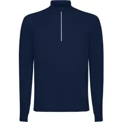Sweat demi-zip homme bleu marine vu de face avec col montant et fermeture zippée à liseré réfléchissant